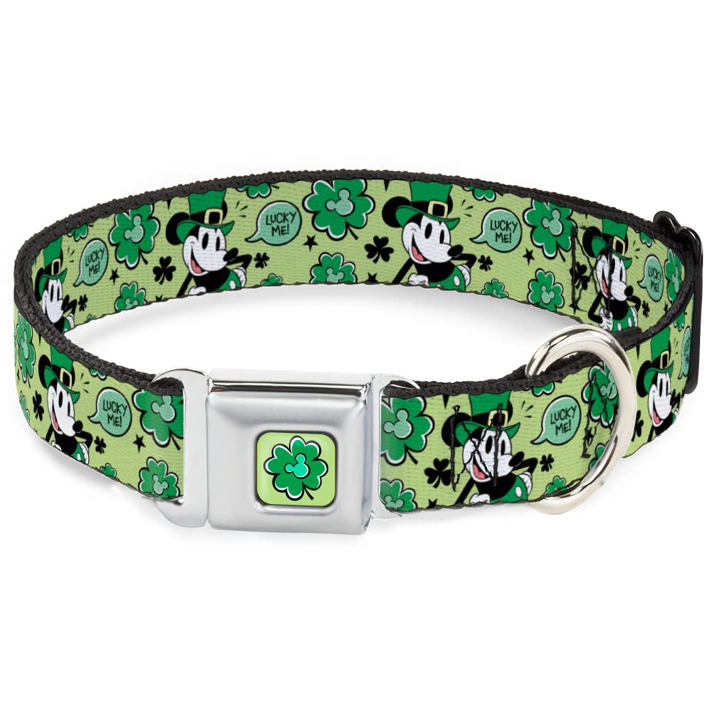 Disney Pet Collar, Dog Collar Metal Seatbelt Buckle, Mickey Mouse St Patricks Day Lucky Me Leprechaun Pose Greens, 16 to 23 Inches 1.5 Inch Wide