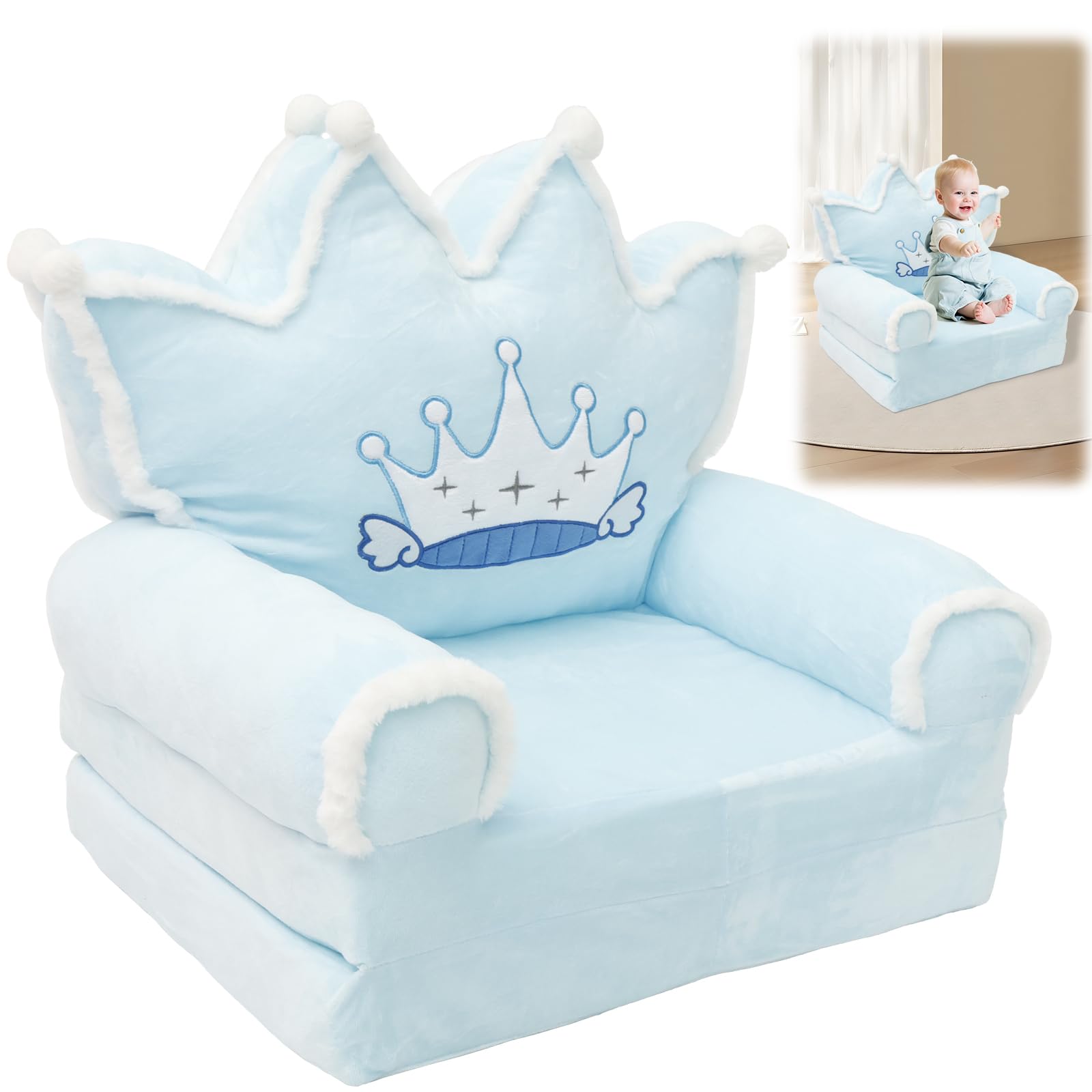 Krzesło dla małych dzieci, wygodna sofa do spania, składana kanapa dla małych dzieci, lekka kanapa dla niemowląt, przenośna kanapa dla dzieci w wieku od 1 do 4 lat (niebieska korona futrzana)