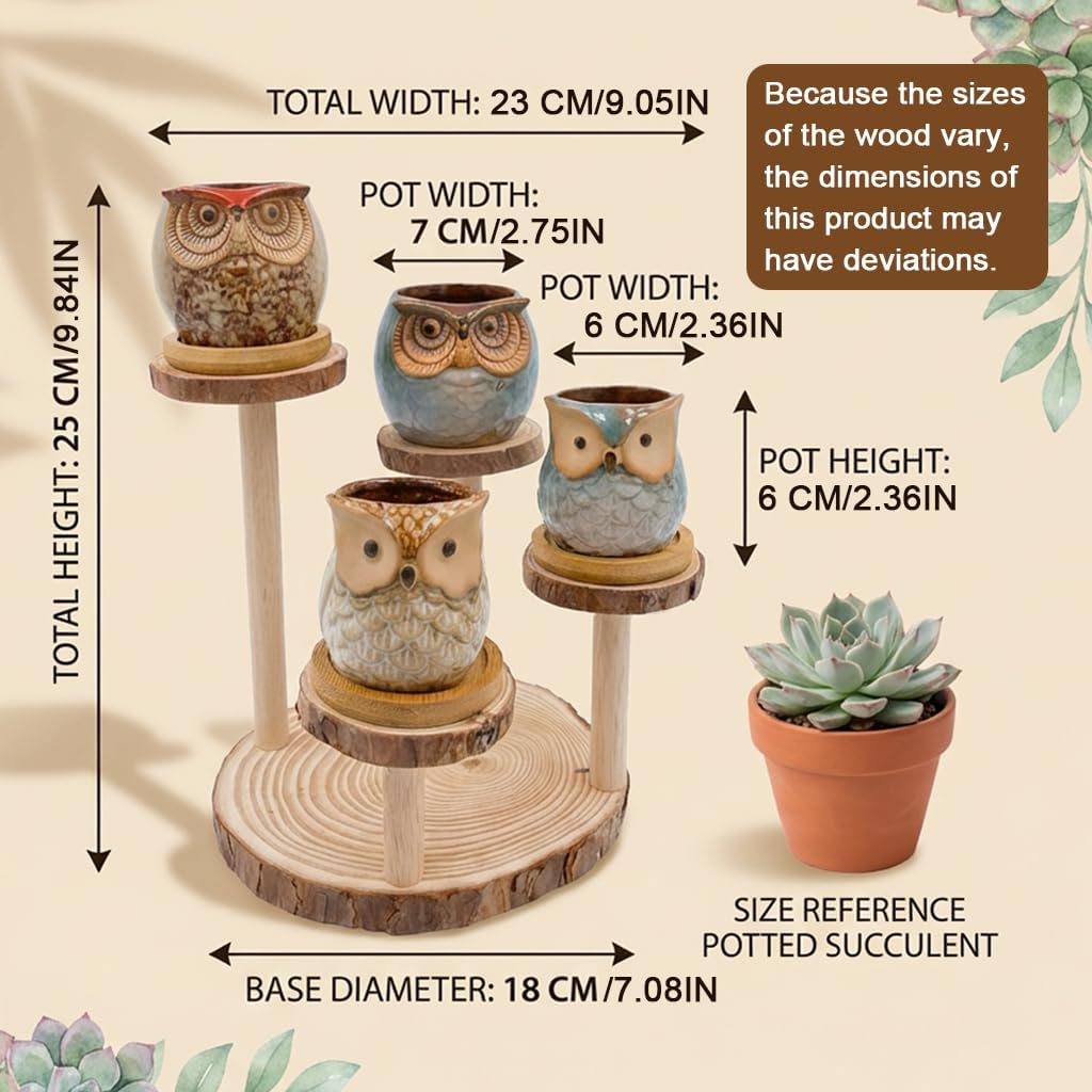 2.5"mini ceramic Cute Owl Animal Succulent Flower Pot Outdoor Bamboo Wooden Small Planter Stand Gift Set for Home,Office,Living Room,Bedroom Decoration,Windowsill,Indoor Desk,Kitchen Decor (4 Tier)