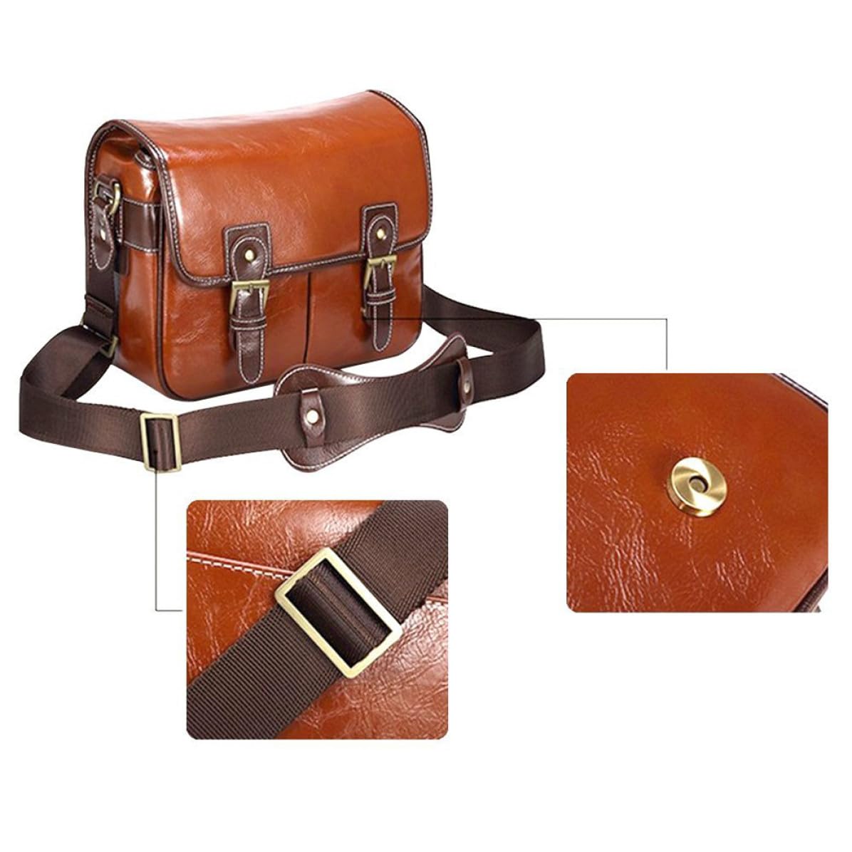 Yardenfun Bolsa Exteriores para Piel de Marrón DSLR Sintética Resistente Cámara Bolsillos de Botón Cortos al Fotógrafos Amantes Fotografía Viajes Aire Libre
