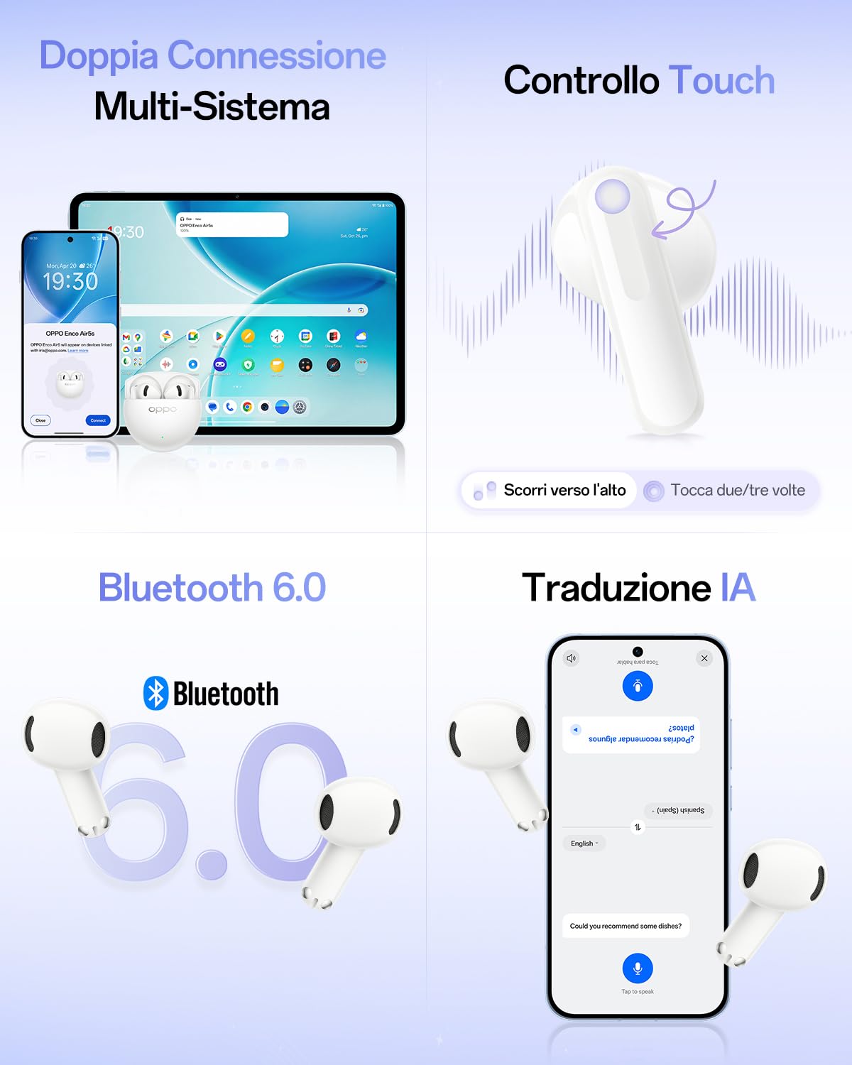 OPPO Enco Air5s Auricolari wireless semi-in-ear con cancellazione rumore adattiva, tre microfoni per chiamate IA nitide, Bluetooth 6.0, autonomia totale 48 ore con custodia ricarica, Lunar White