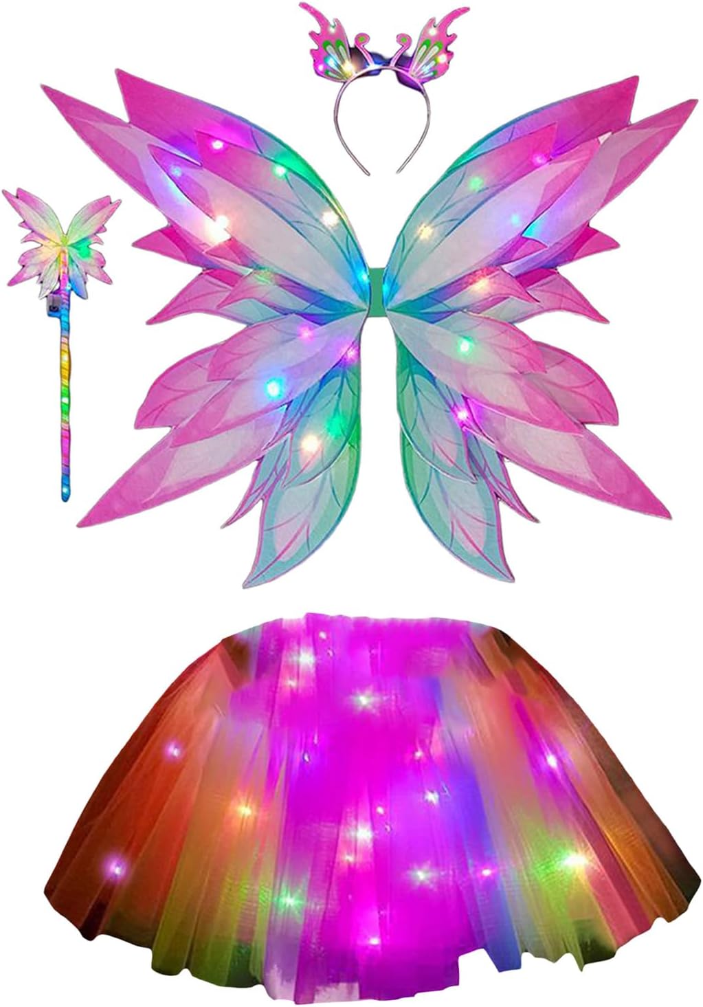 Girls Fairy Halloween Costume, Kids Light-up Tulle Skirt Butterfly Wings Fairy Stick Headband for Cosplay Party Favor 4pcs Gradient Rose Red One Size