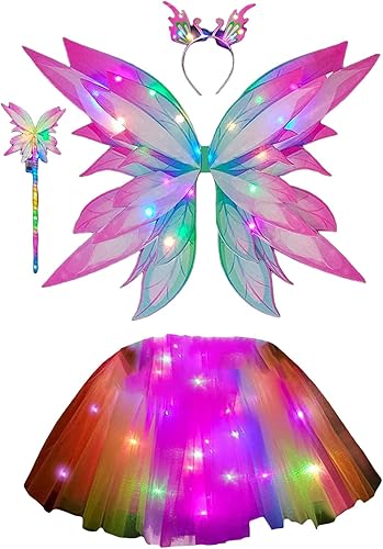 TRURENDI Conjunto de disfraz de Halloween para niñas, falda de tul iluminada, alas de mariposa, diadema, kit de accesorios de cosplay para niñas