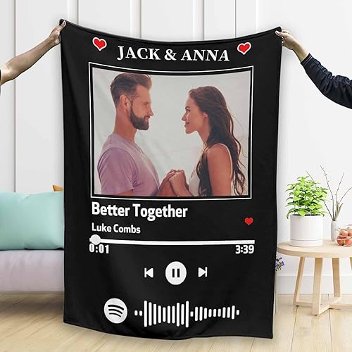 Miniatura 2 de Manta de música personalizada con código de Spotify, mantas personalizadas con fotos para parejas amantes, mantas de franela personalizadas con