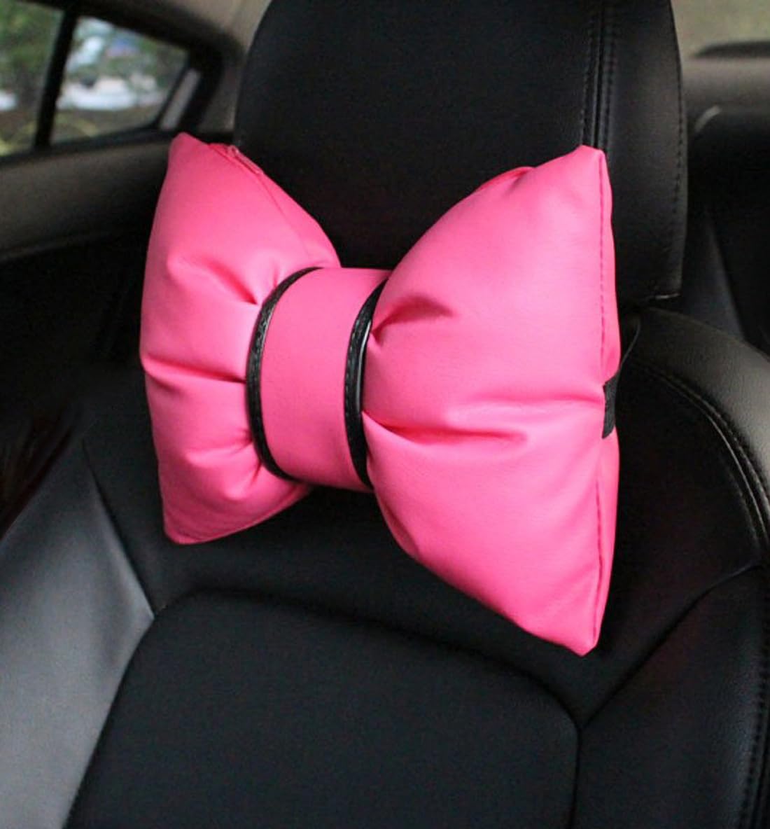 seemehappy Charming Leather Bow Headrest Pillows for Car Driving Neck Support Pillows 2 Pack-Rose Red