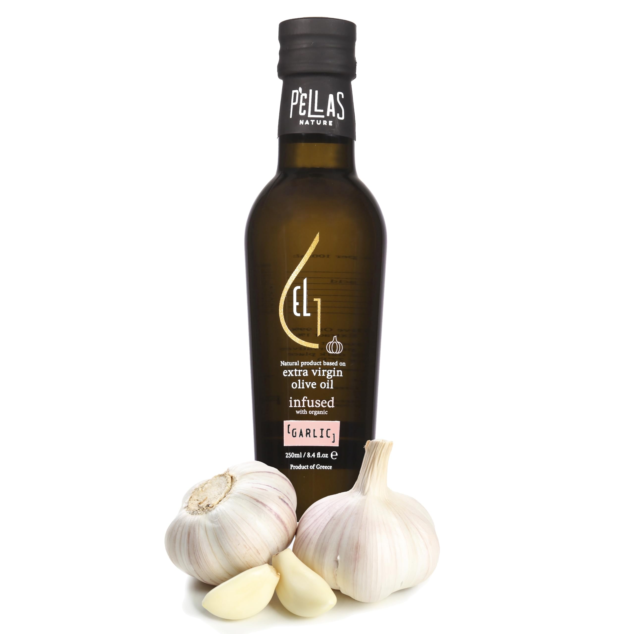 Organic Garlic Infused Greek Extra Virgin Olive Oil, Gold Award, Kosher, 8.5 oz. (250 ml), glass bottle (Garlic)