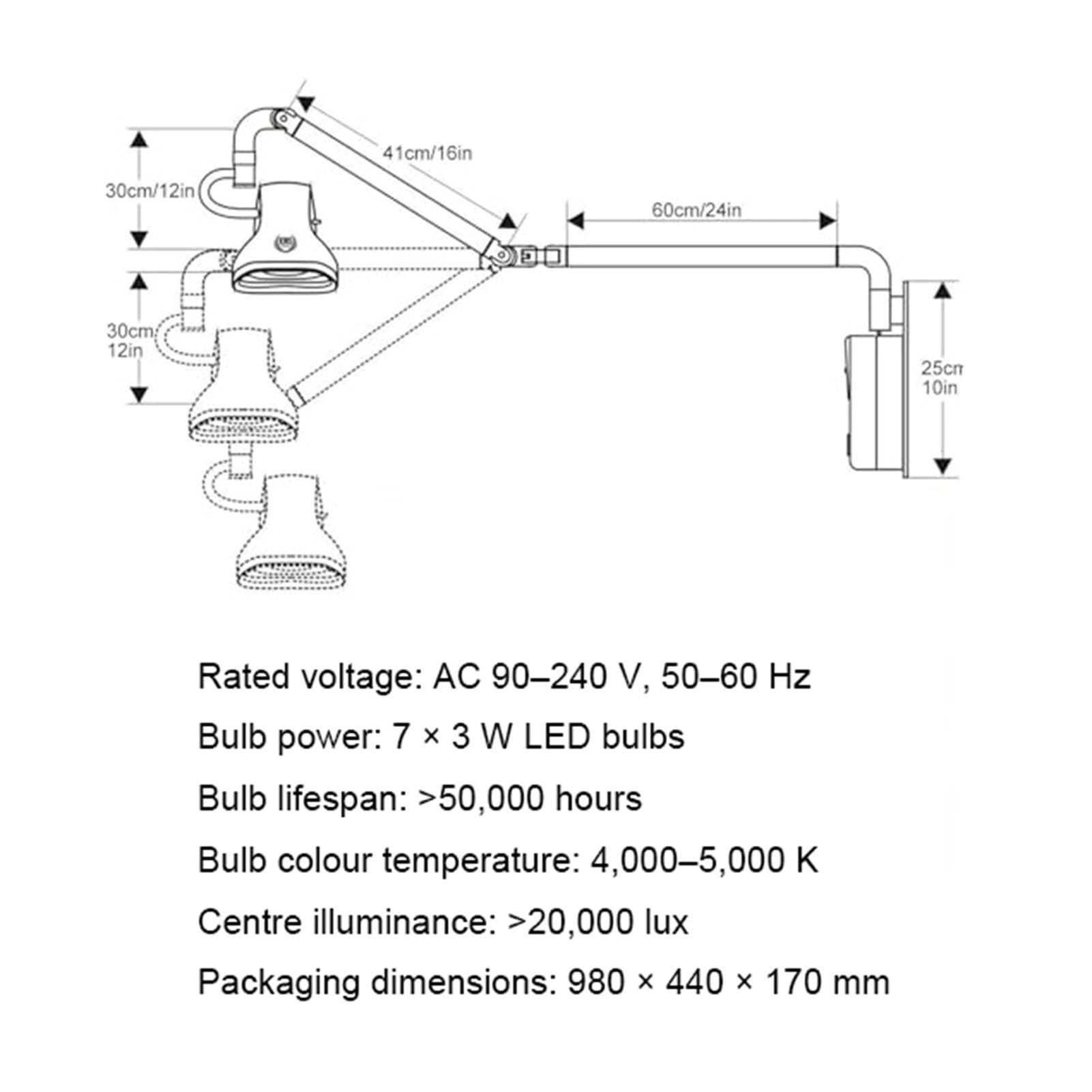 SenhE LED-untersuchungsleuchte, 21W, AC90-240V, Flexibler Schwenkarm zur Wandmontage, Helles LED-Licht für Tierarzt, Zahnarzt, Klinik und Schönheitssalons
