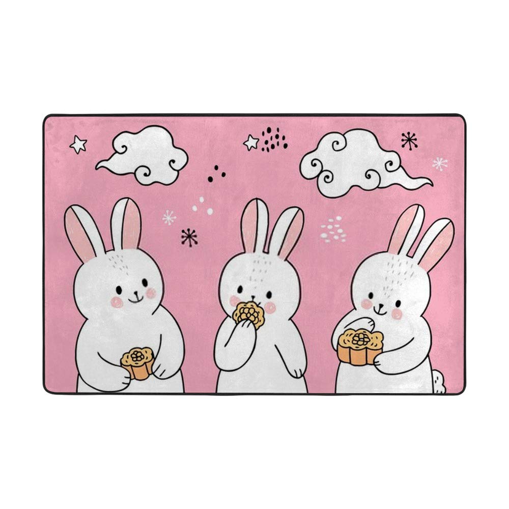 Tapis de salon motif lapin rose grand format 152x99 en velours corail pour chambre fille
