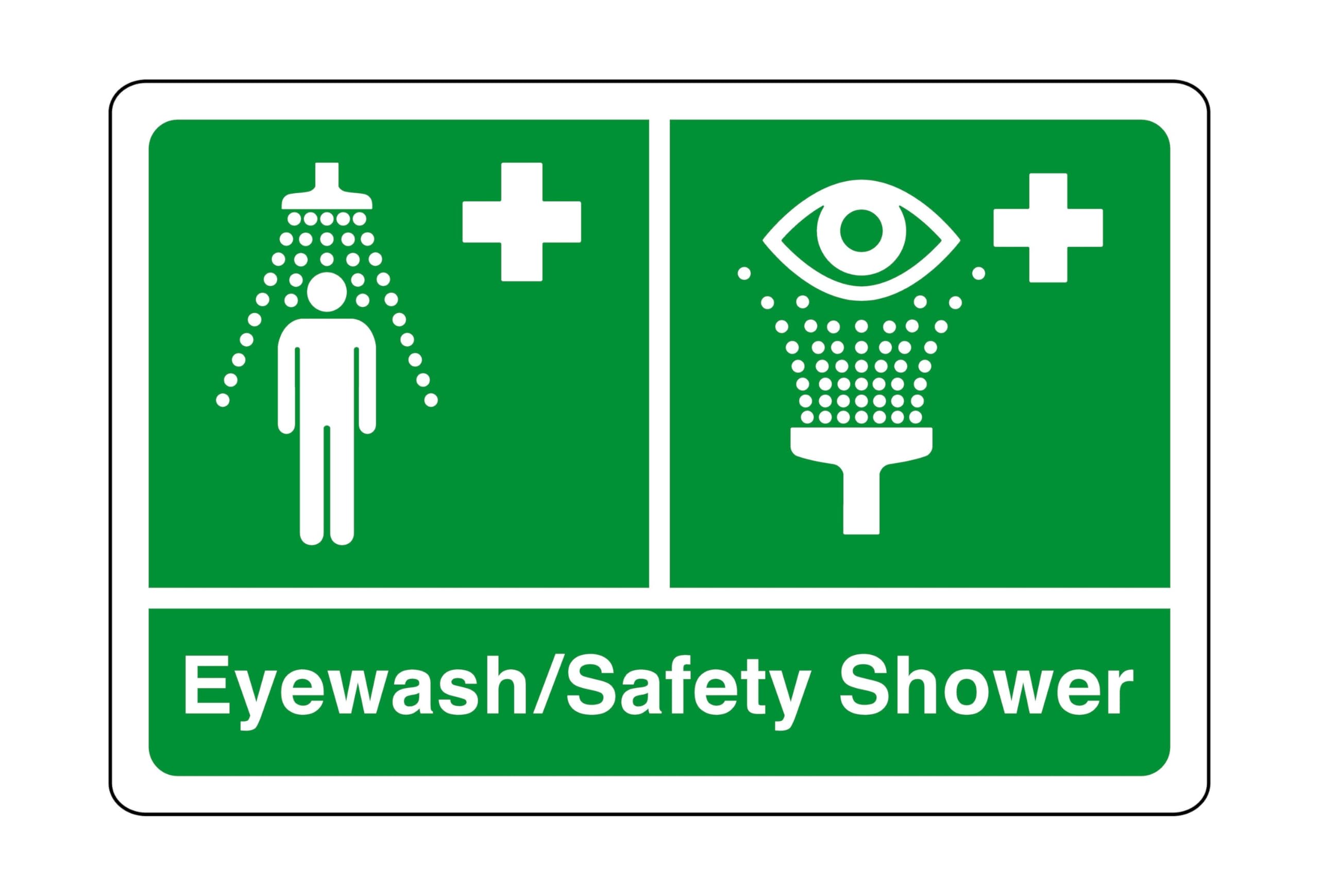Eyewash/safety shower safety sign - High tack self-adhesive sticker (300mm x 200mm) Viewing Distance within 7m.