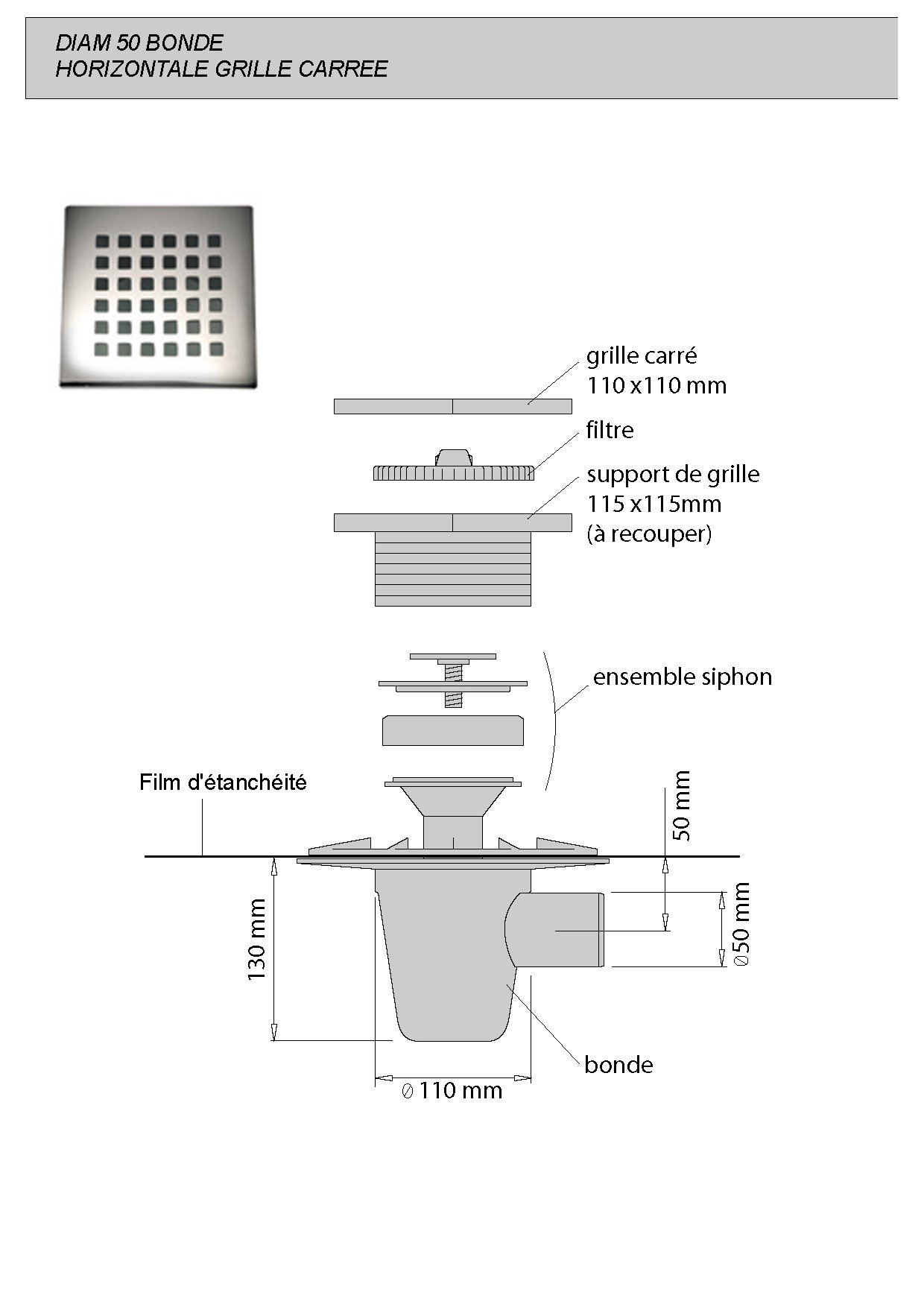 Lazer 230286 Isotanche Classic Bâche d'étanchéité avec siphon sortie horizontale grille carrée Ø 50 1500 x 1800 mm