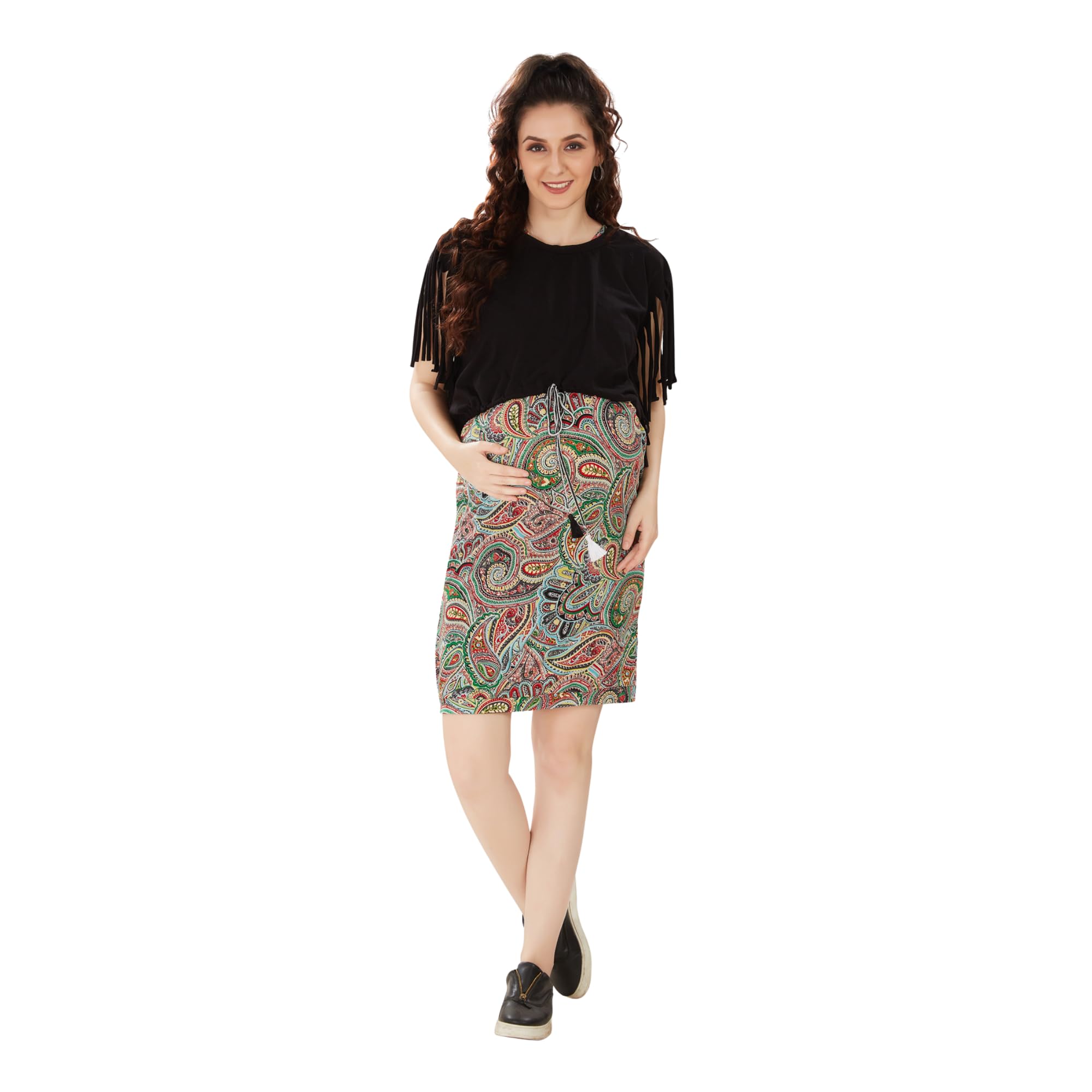 Multicolor Cotton Lycra Maternity Dress | Black-image-42