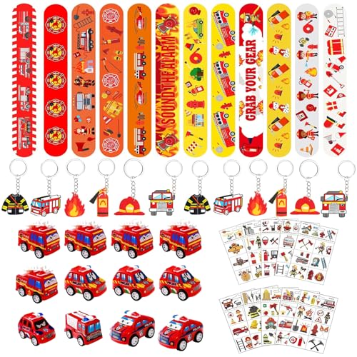 Eymobad Lot de 46 décorations de fête pompier pour anniversaire d'enfant, petit cadeau de pompier avec autocollants, bracelets Slap, porte-clés pour...