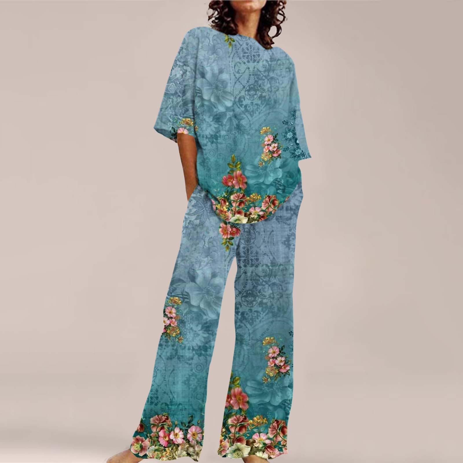 Damen Hosenanzug Elegant 2 Teilig Frauen Casual O Lose Kurzarm Blumendruck Top Shirt Mit Hose Große Größe Set Chiffon Festlich Overall Anzug Grün Dreiteiler Eleganter Zweiteiler Outfit