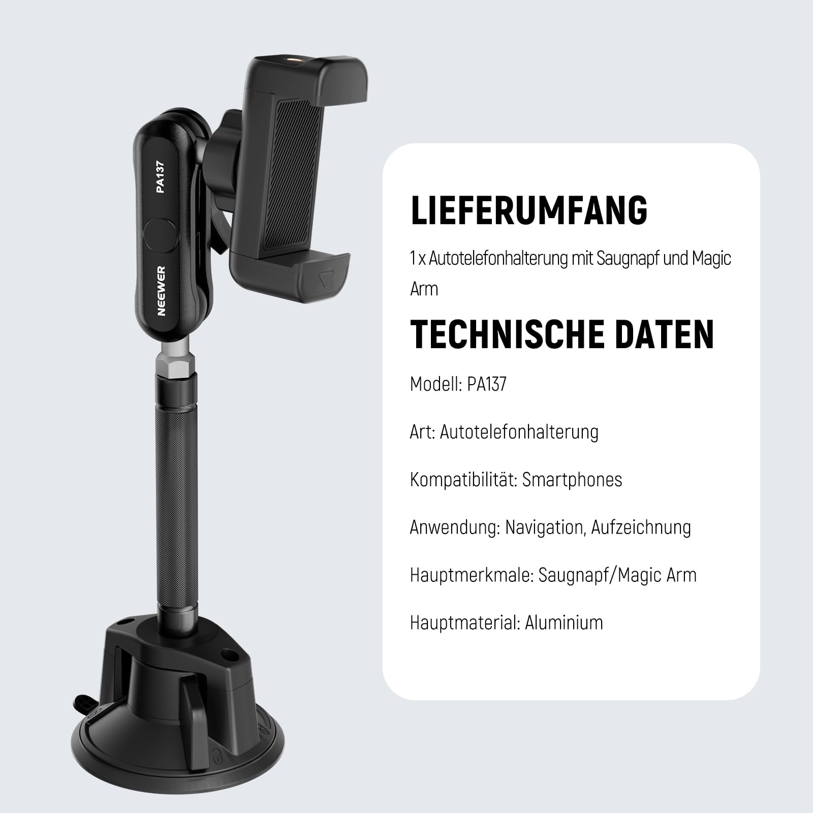 Neewer Auto Handyhalterung 360° drehbare Vakuum Saugnapf Handyhalter aus Metall mit Verlängertem Magic Arm kompatibel mit iPhone Samsung – Bild 8