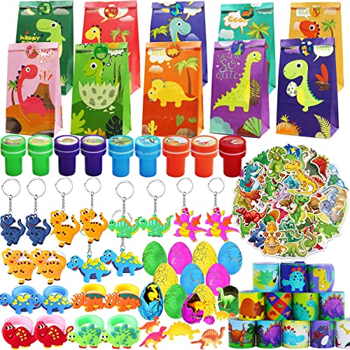 Mctuoba 110 PCS Dinosaur Party Favors for Kids, Dino Themed Birthday Party Supplies Gifts for Boys Grils, Dinosaur Eggs Slap Bracelets Stickers Stamp Prizes, Pinata Filler Goodie Bag Stuffers