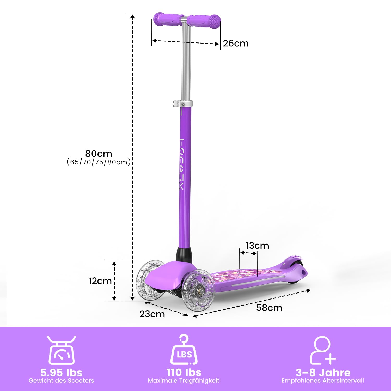 TONBUX Roller Kinder 3 Jahren, Kinder Roller mit Cool Beleuchteten Vorbau, Rädern und Deck, Verstärktes Metall-Deck, Höhenverstellbar 65–80 cm, Sensibler Hinterradbremsen, Roller für von 3–8 Jahren