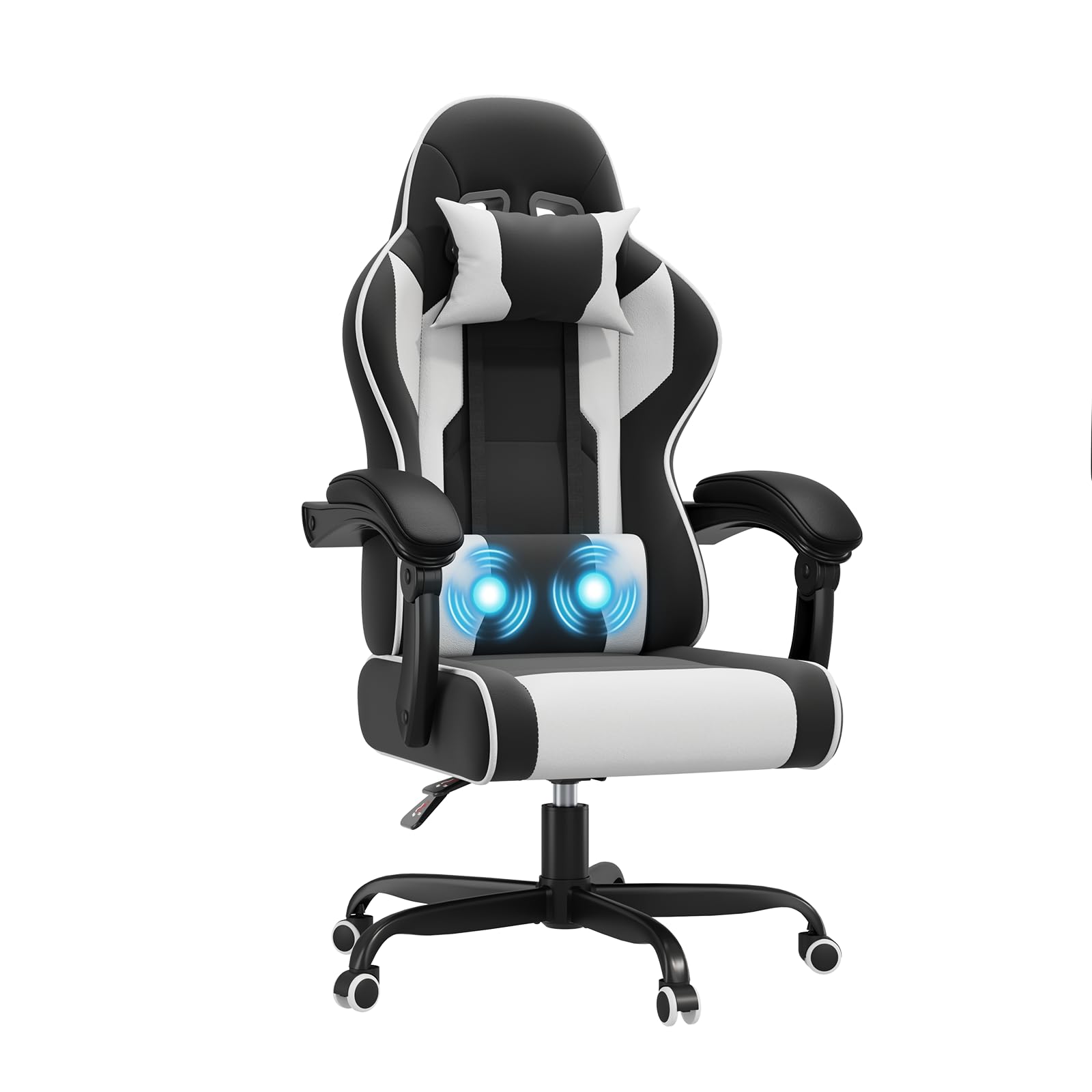 JUMMICO Gaming Stuhl mit Massagefunktion, Bürostuhl Ergonomisch 150kg, Gamer Stuhl mit 50 cm Extrabreites Sitzkissen, Weiß Schwarz