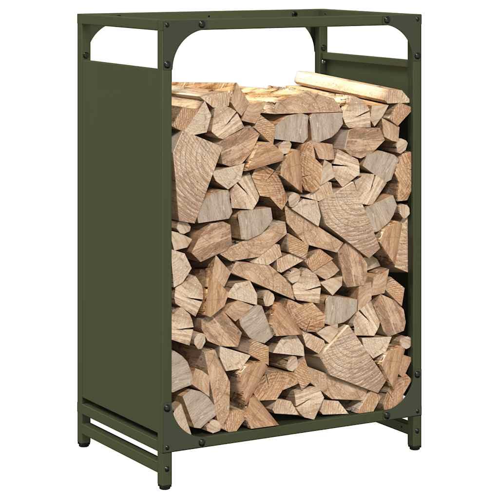 Brennholzregal Olivgrün 44x28x65 cm aus kaltgewalztem Stahl, wetterfestes Holzregal für Kamin, Ofen, Garten, Wohnzimmer, Terrasse, stabile Lagerung, Ordnung, trockenes Stapeln, Holzständer