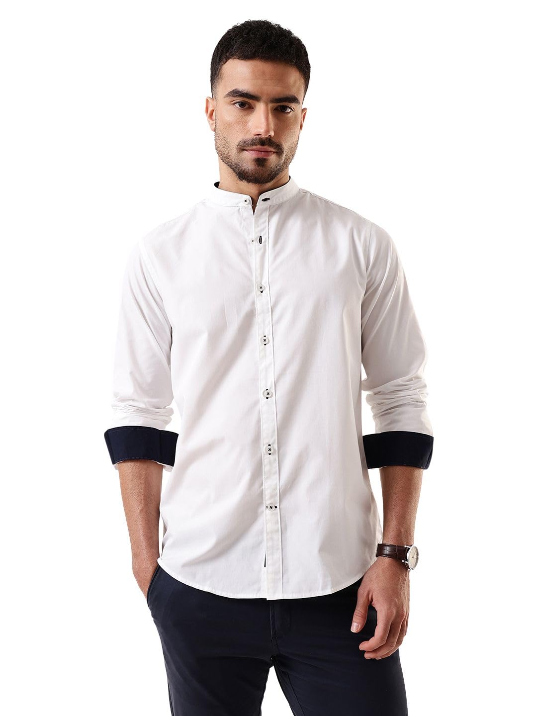 Men Solid Chinese Collar Full Sleeves Regular Fit Cotton Casual Shirt-image-39