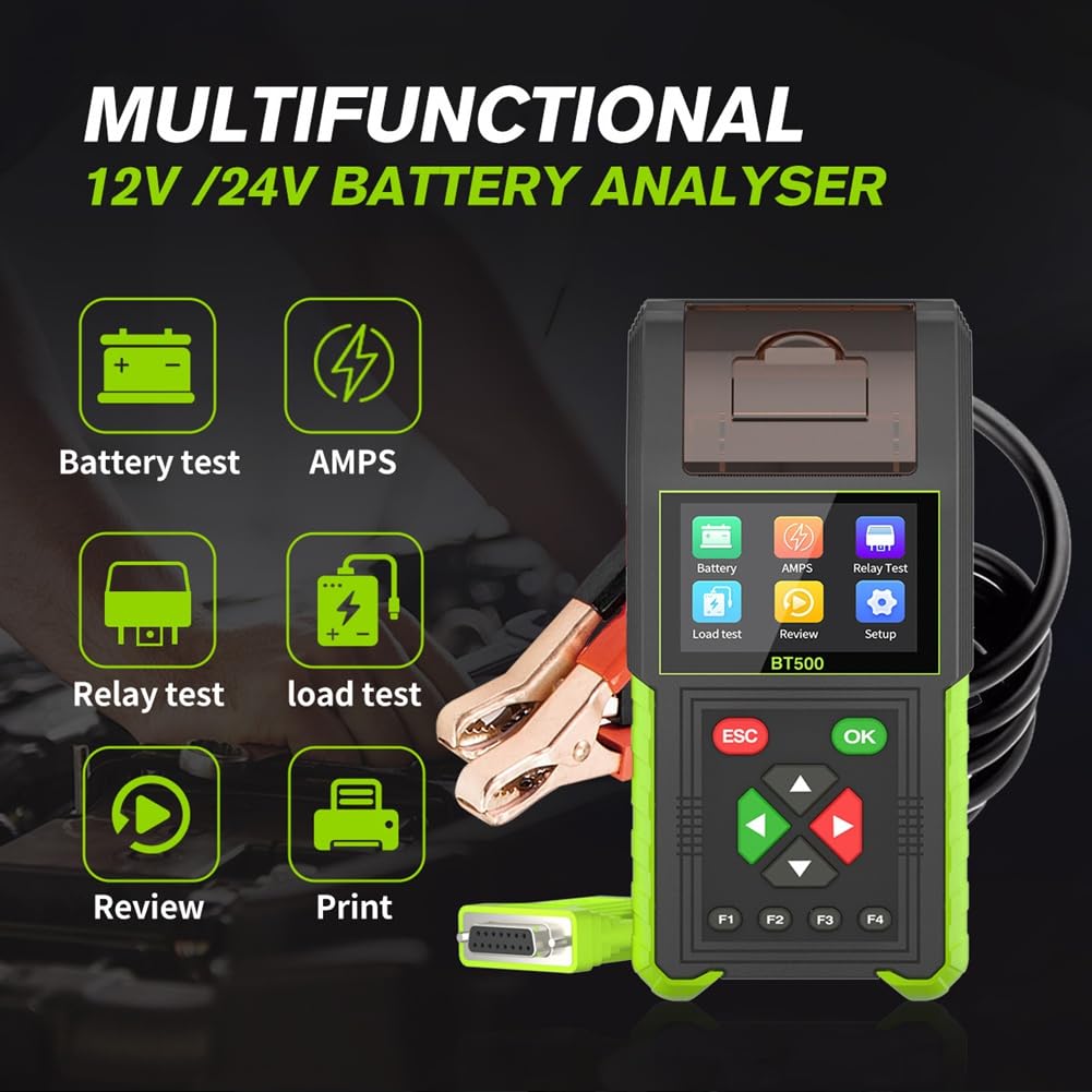 Tester di Batteria Automobilistica con Stampante, Tester di Carico per Batterie da 12V 24V, Tester di capacità della Batteria, Test di Perdite del Relè.