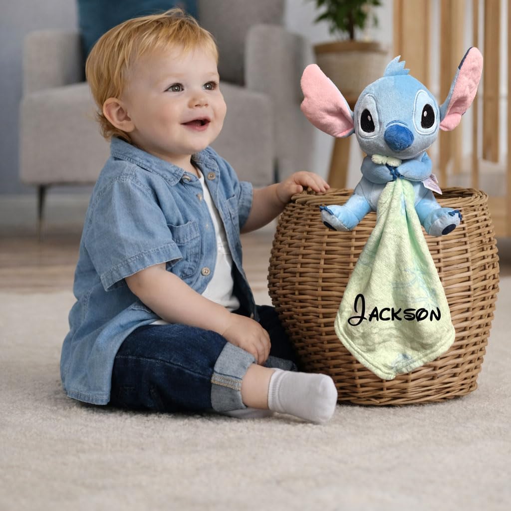 Official Disney Stitch Personalized Lovey Blanket Plush, Custom Embroidered Name, 8 Inch Plush with 11x11 Security Blanket, Baby Gift