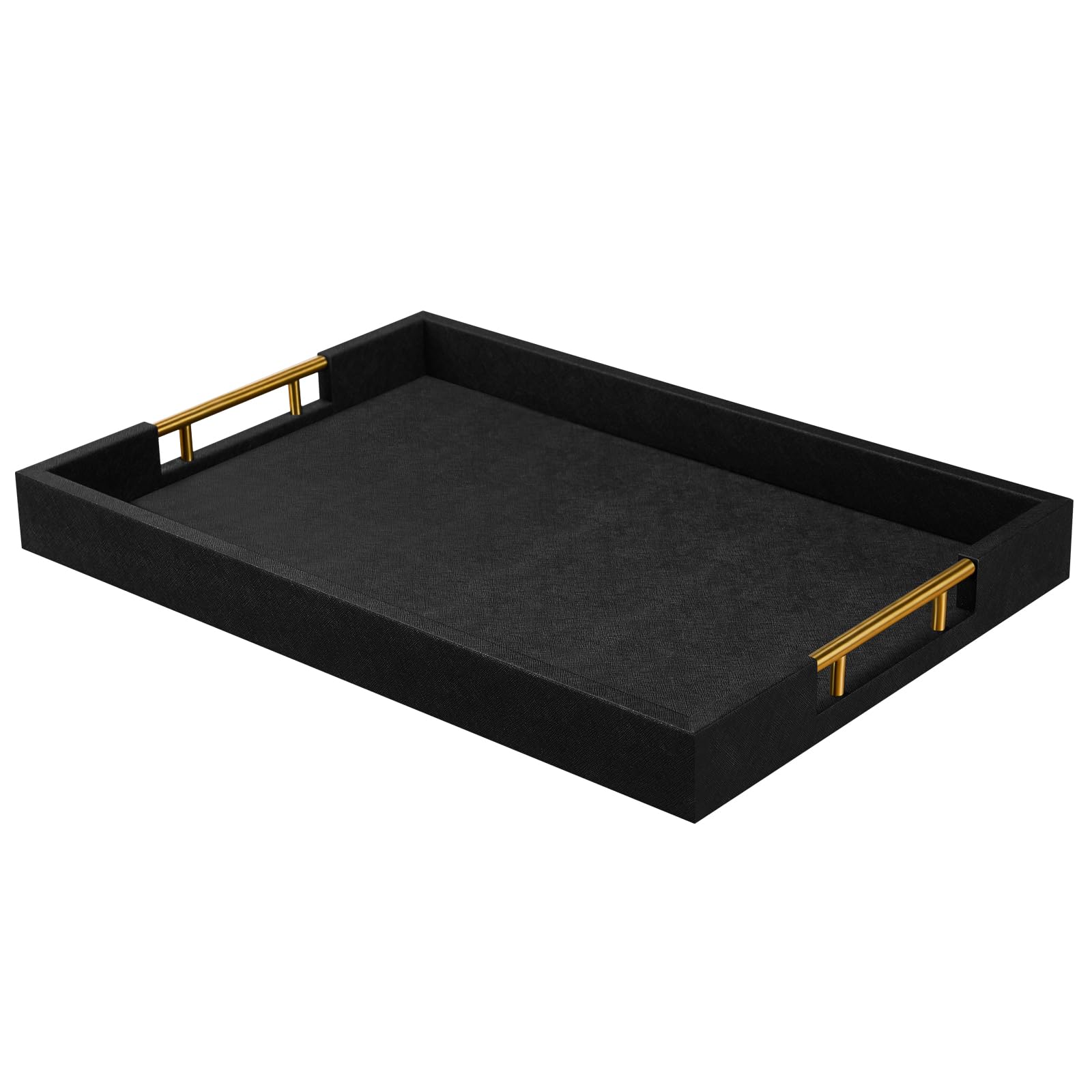 View 1 of 12×20 Inches Black Faux Leather Coffee Serving Tray Decorative Ottoman Trays with Gold Metal Handles Decor for Living Room Rectangle Large Bed Breakfast Organizer for All Occasions Multipurpose Using