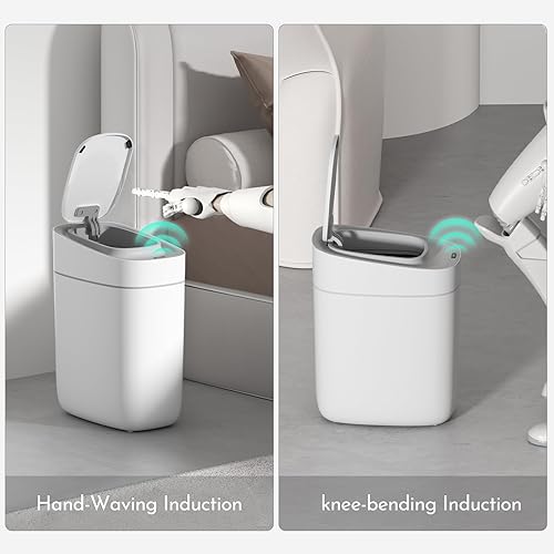 Miniatura 4 de ELPHECO Cubo de basura delgado para baño con tapa, cubo de basura de absorción automática de 2.5 galones, cubo de basura de sensor estrecho, cubo de