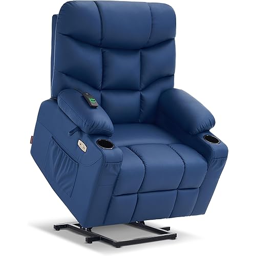 MCombo Power Lift Recliner Chair with Extended Footrest for Elderly People, Faux Leather 7287 (Navy Blue, Medium)