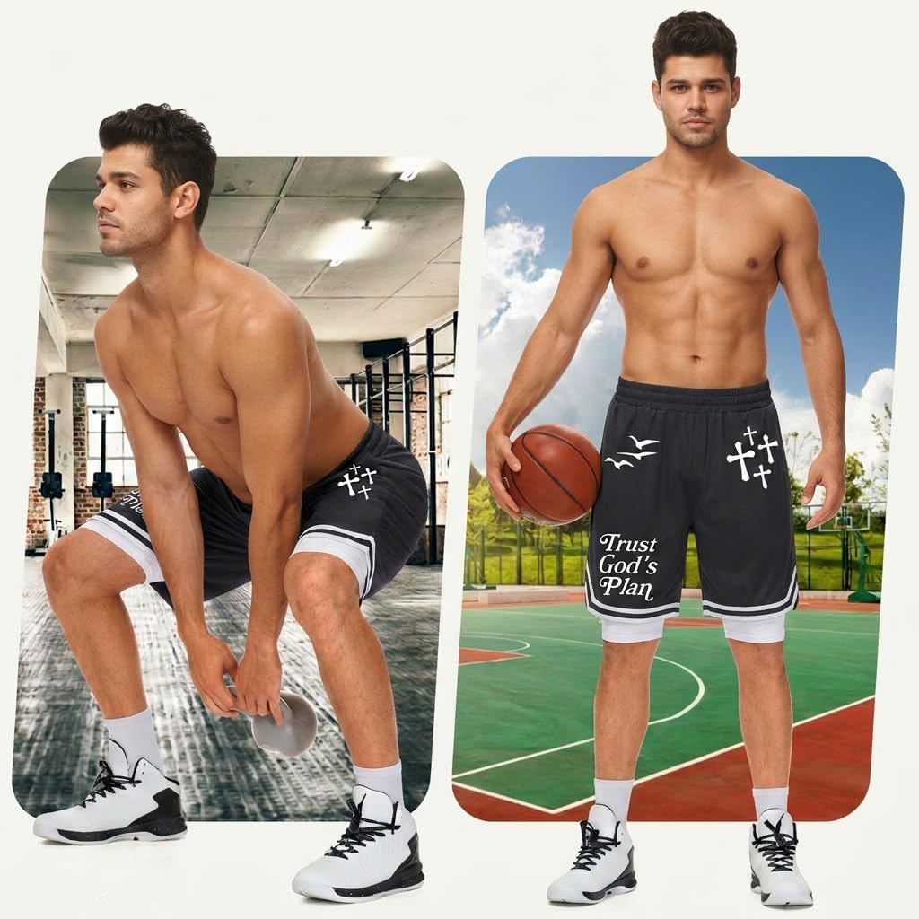 Men's Graphic Drawstring Shorts with Liner Christian Cross Print 2 in 1 Shorts Trust God's Plan Gym Workout Bottoms