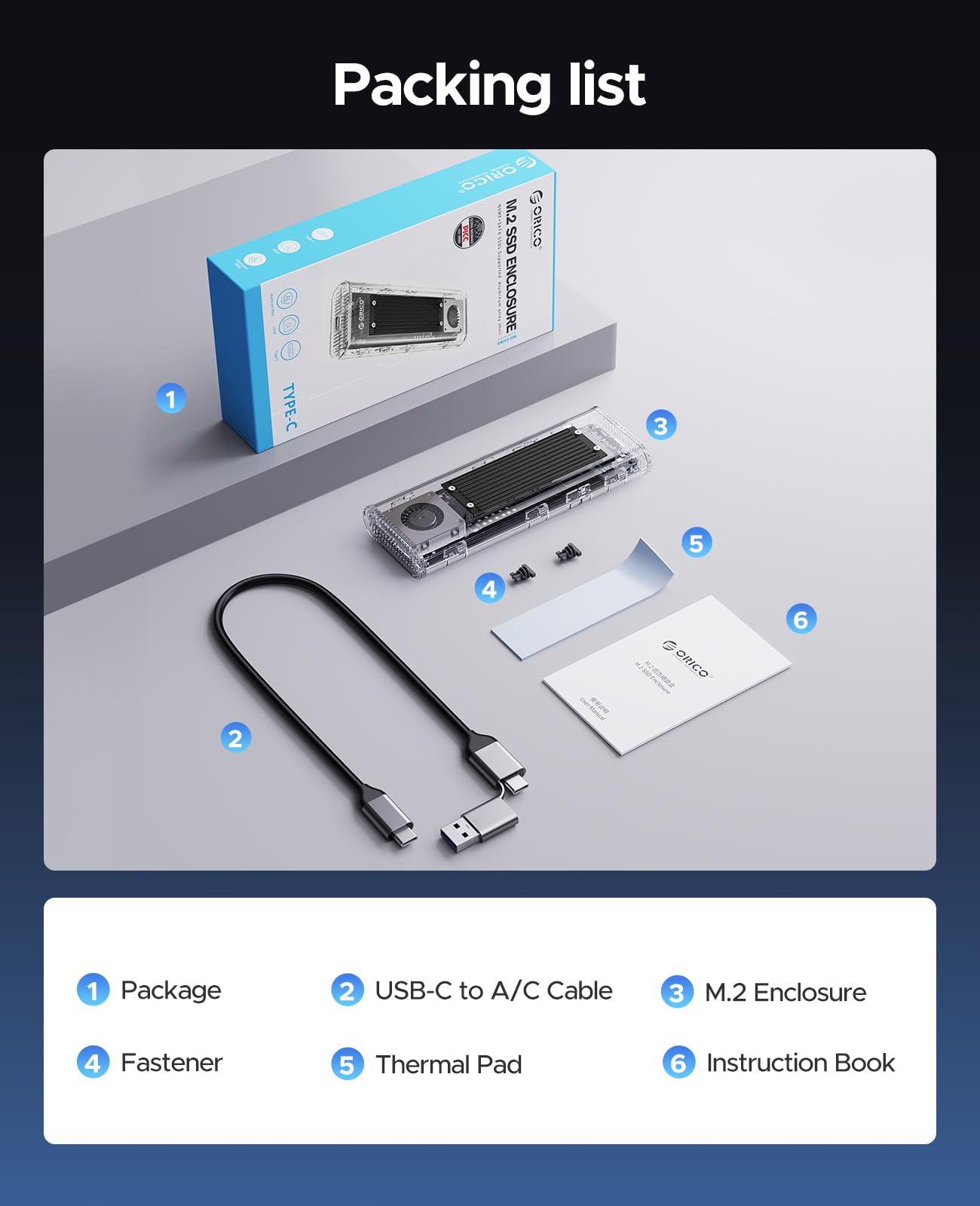ORICO Obudowa NVMe SSD 40 Gbps z wentylatorem, beznarzędziowa obudowa M.2 SSD do Thunderbolt 4/3 USB 3.2/3.1/3.0, przezroczysty adapter M2 obsługuje M-Key SSD 2230/2242/2260/2280, TCM2-U4-BK