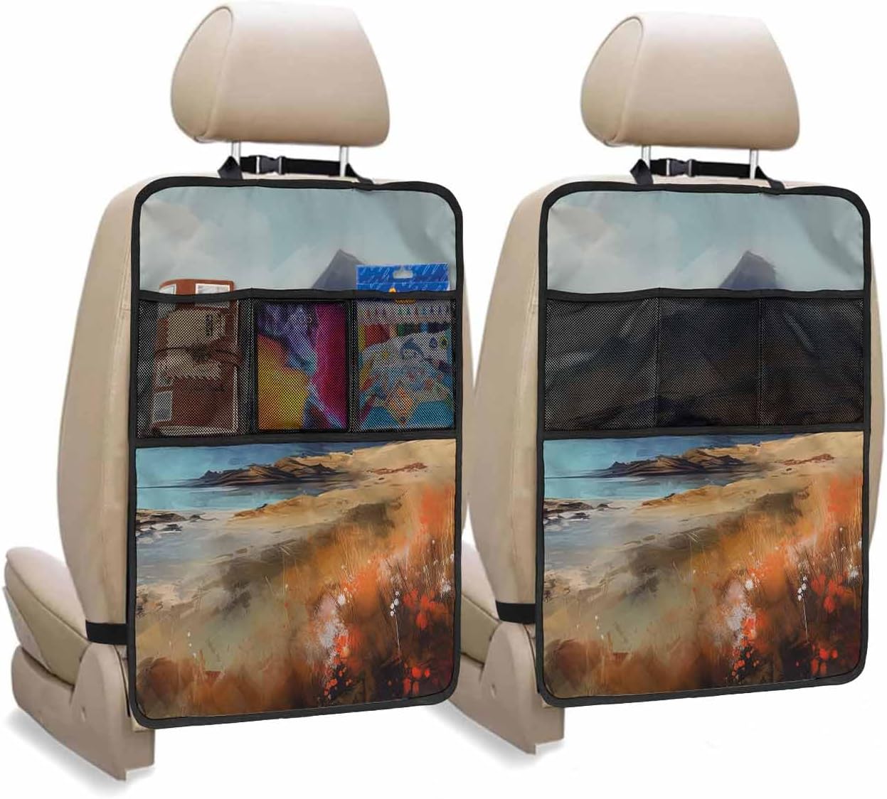 T&H XHome Car Seat Protector, 2 Pack Kick Mats with Organizer - 3 Pocket Storage, Natural Landscape Mountain Cloud and River Back Seat Cover for Kids Universal Fit Automotive Interior Protectors