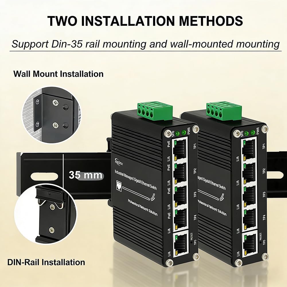 Industrial Managed 5 PoE Gigabit Switch, IEEE 802.3af/at Boost Voltage 9-57V to 48V Max 120W, Smart Web Management with QoS VLAN