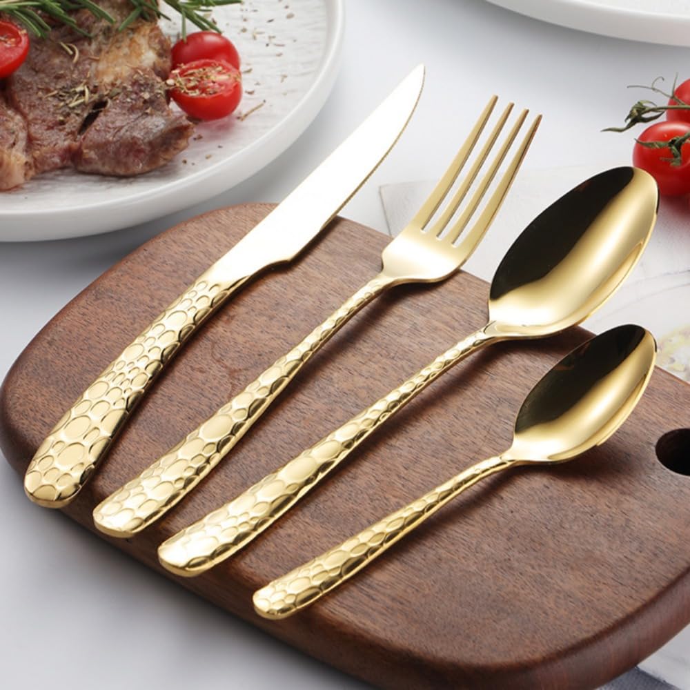Juego de Cubiertos de Acero Inoxidable con Mango de Serpiente Forjado, vajilla de Cocina, Cubiertos, Cuchillo, Tenedor, Cuchara y cucharilla (Plata, 16 Piezas)