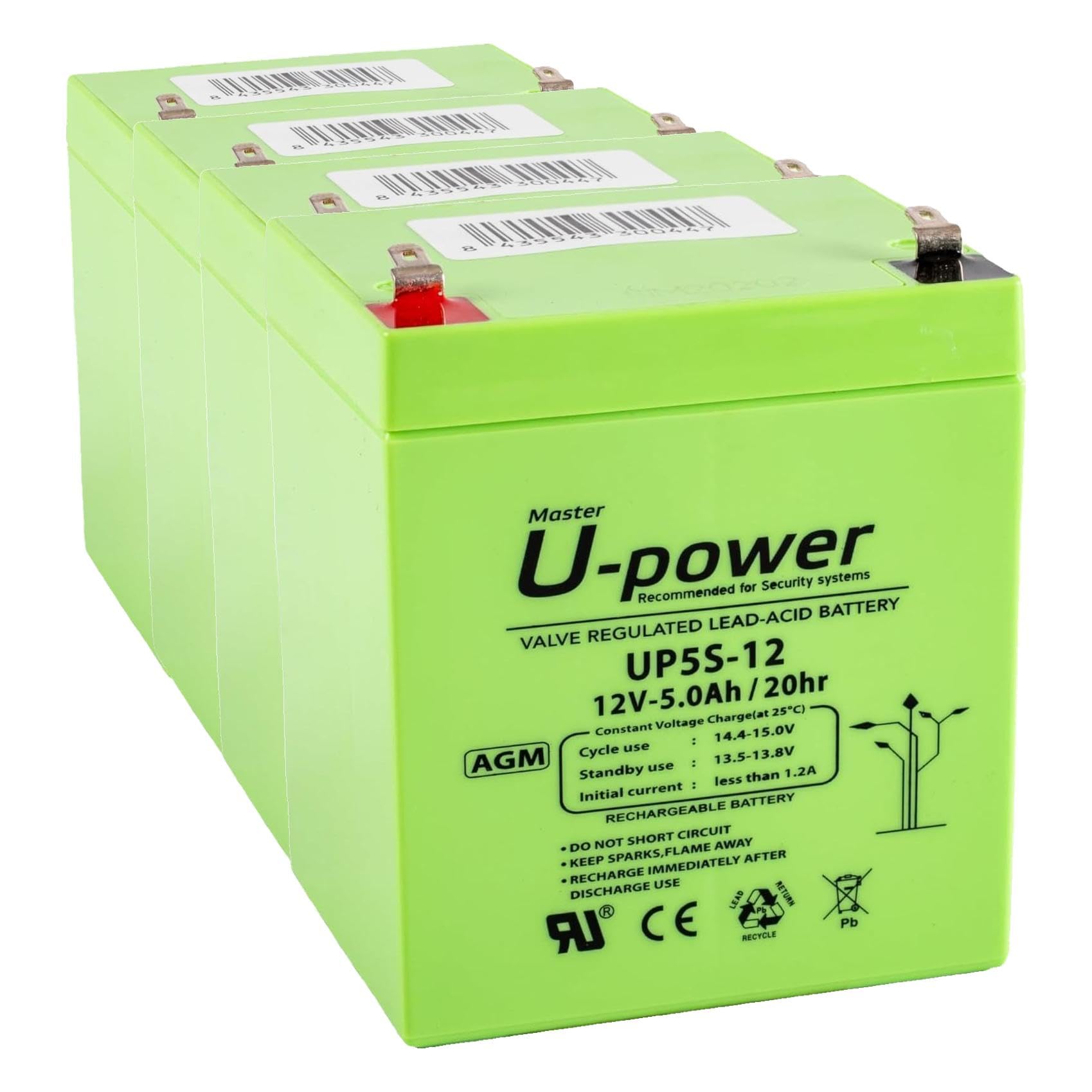 U-Power Batería AGM 12V 5Ah Sellada Recargable – Plomo-Ácido VRLA para Alarmas, SAI/UPS, Seguridad, Juguetes Eléctricos y Más – Terminal Faston F1 (4.8 mm) (Paquete de 4)