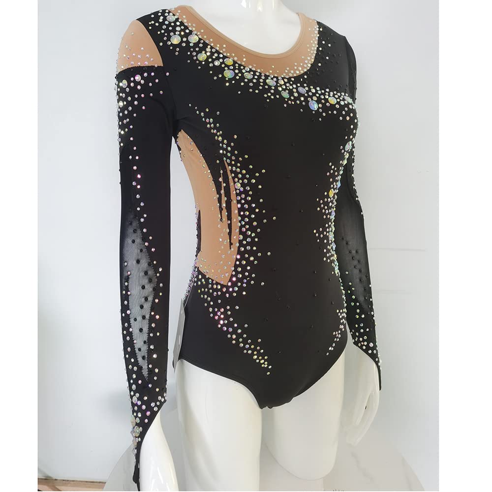 LIUHUO Maillot de gimnasia rítmica negro con manga de dedo para entrenamiento de competición
