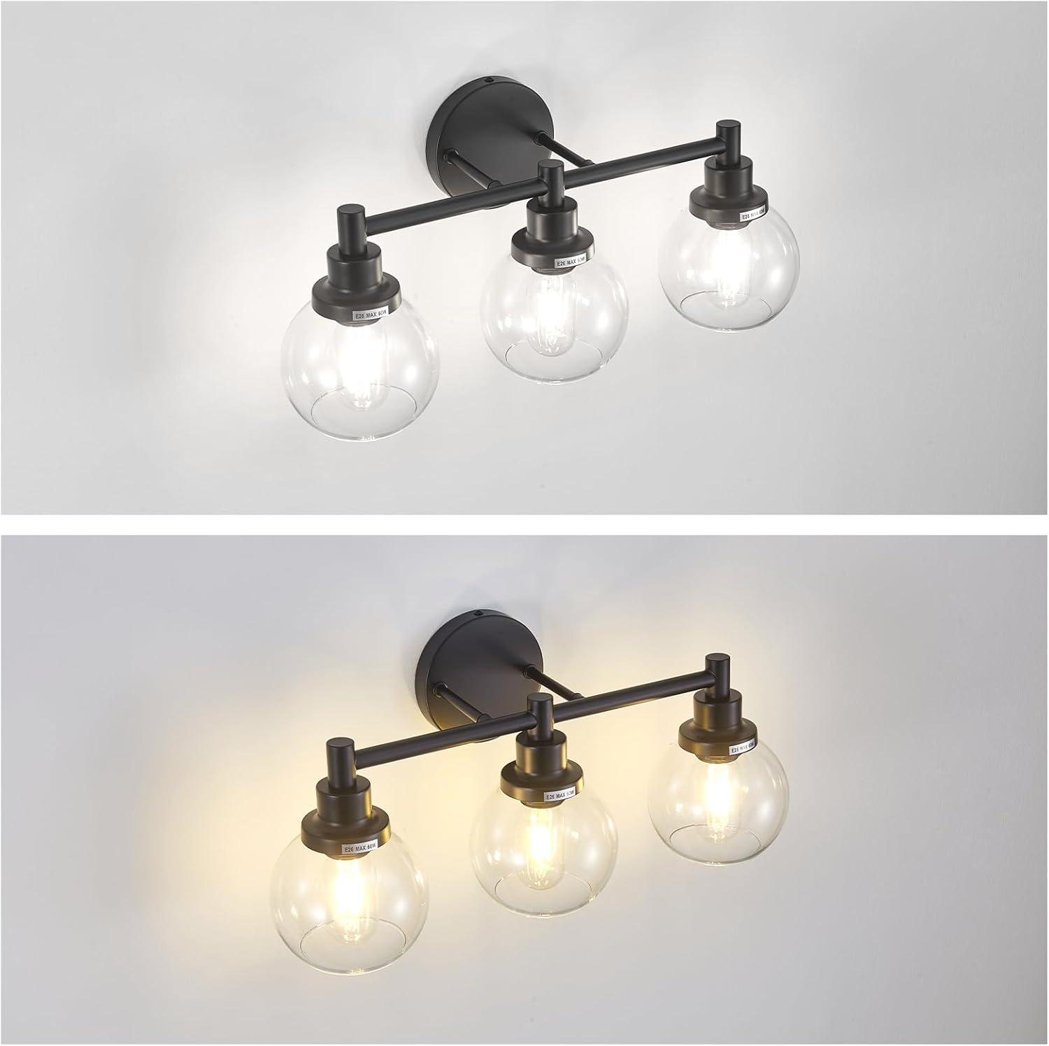 3-Light Bathroom Light Fixture Black Vanity Lights Over Mirror Modern Wall Sconce Farmhouse Vintage Bathroom Vanity Lighting with Glass Shade for Bedroom Hallway Cabinet Bathroom