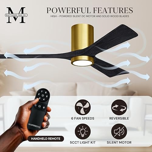 Miniatura 2 de Matthews IR3HLK-BRBR-BK-42 Irene Damp Rated Flush Mount 42" Ceiling Fan with Light and Remote & Wall Control, Silent DC Motor, 3 Matte Black Solid