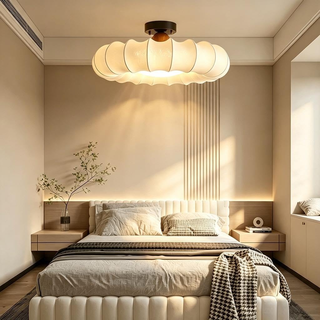 Lampa sufitowa LED w stylu francuskim vintage Ściemnialna lampa sufitowa z kloszem z tkaniny Z pilotem zdalnego sterowania Wykonana z miedzi Odpowiednia do salonu i sypialni