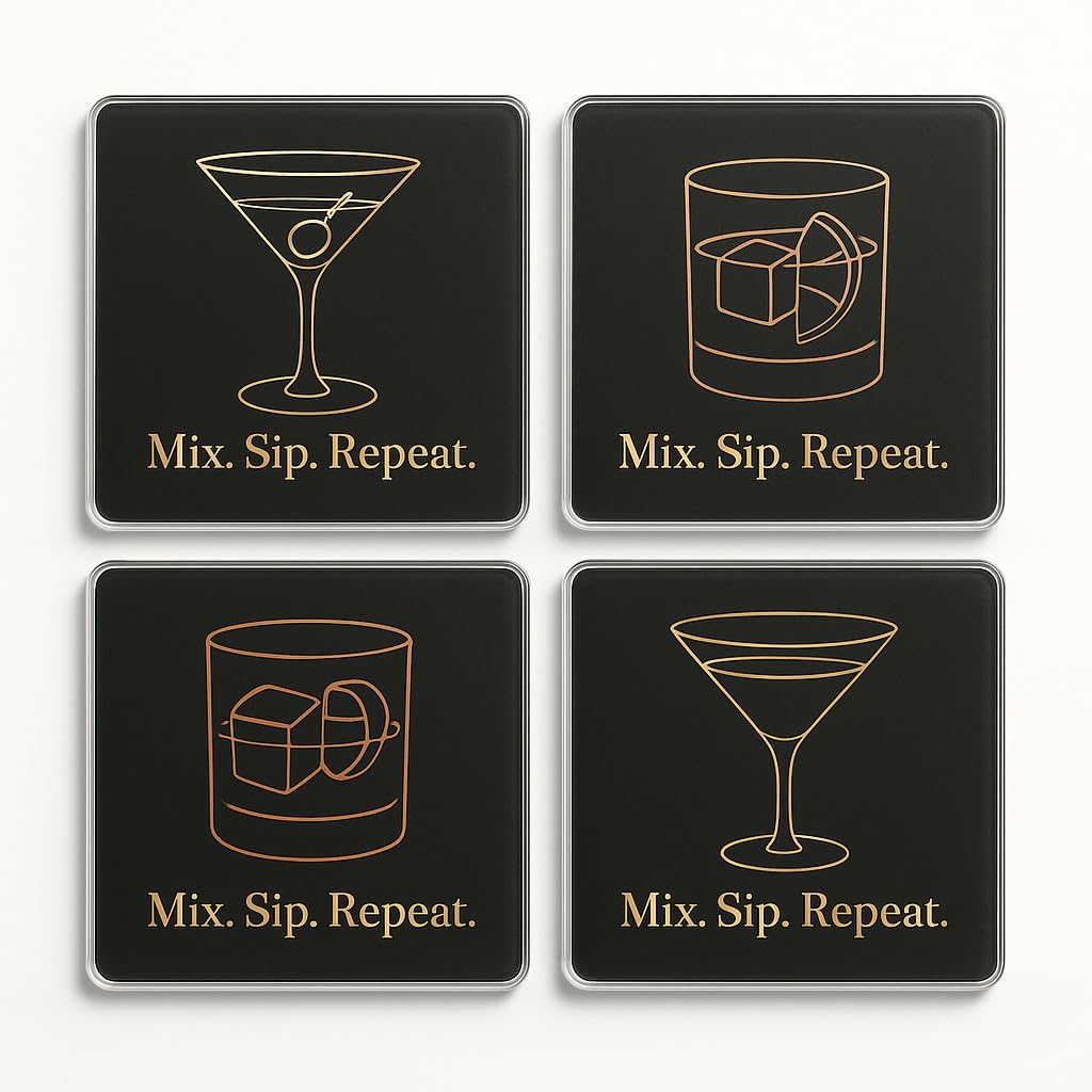 The Plum Penguin Evening Elegance Acrylic Coaster Gift Set Of 4 With Elegant Evening Indulgence Design - Sophisticated Home Decor For Cocktail Lovers