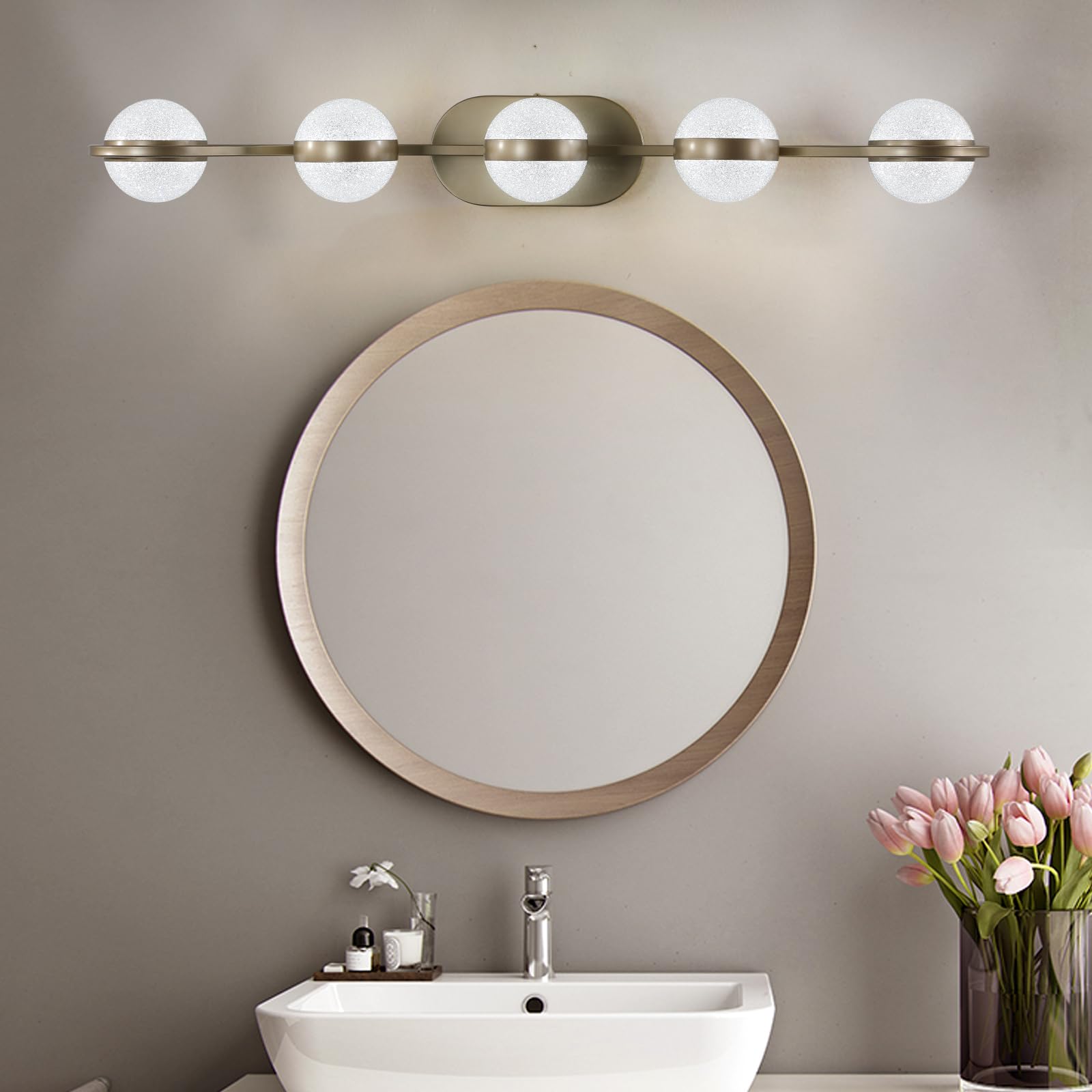 VDOQTLJT Modern Bathroom Light with 5 Frosted Glass Bulbs Wall Mounted Decorative Lighting Fixture in Champagne Gold
