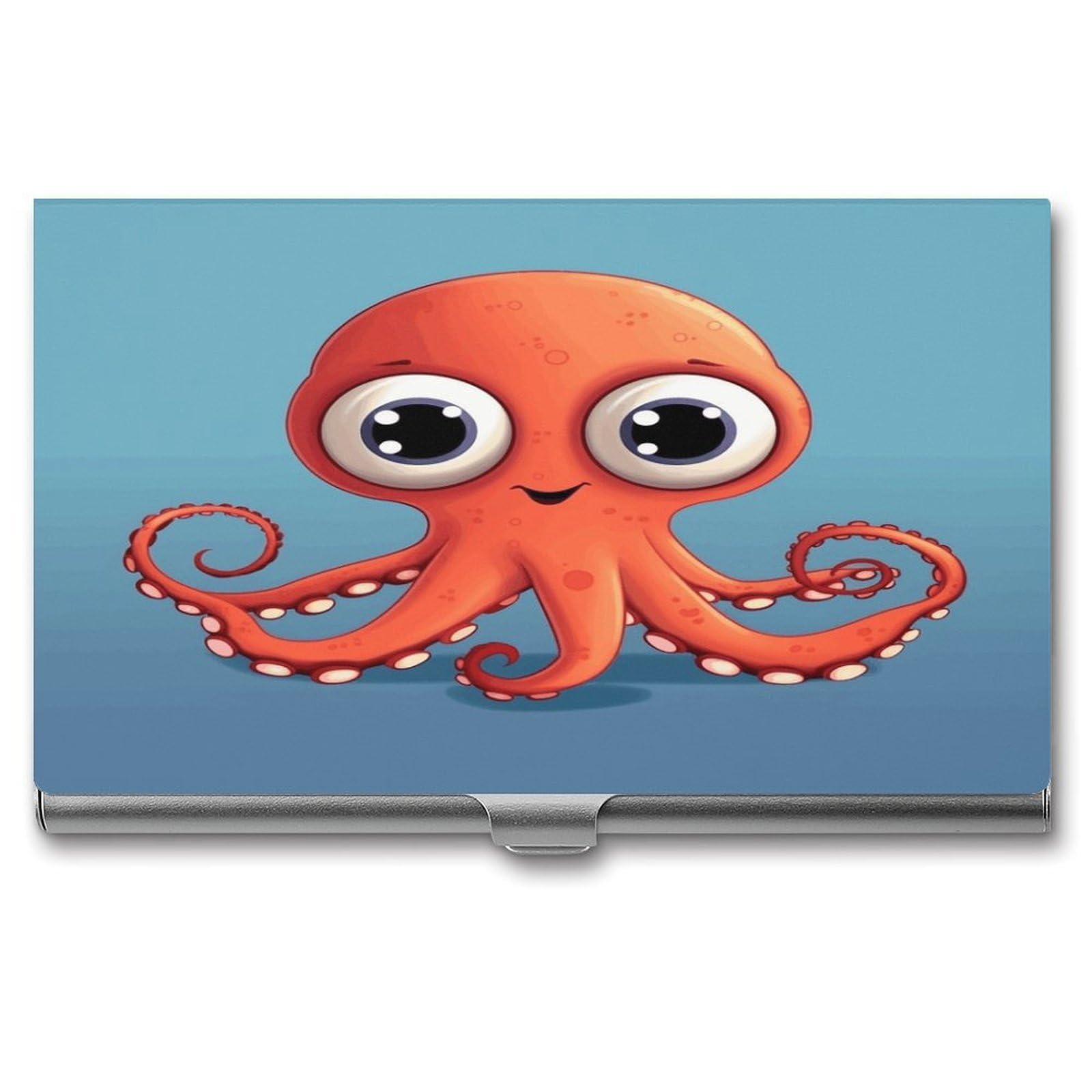 JTREHY Big-eyed Red Octopus Business Card Holder Slim Purse Name Card Holder Portable Metal Business Card Case Wallet Large Capacity Lightweight Business Card Case for Men Women