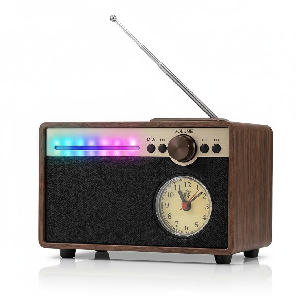 Drumstone 5 𝒀𝒆𝒂𝒓𝒔 𝑾𝒂𝒓𝒓𝒂𝒏𝒕𝒚 Retro Bluetooth Speaker with FM Radio, Built in Clock, Disco LED Light & USB TF AUX Support for Home Office Travel Use-image-46