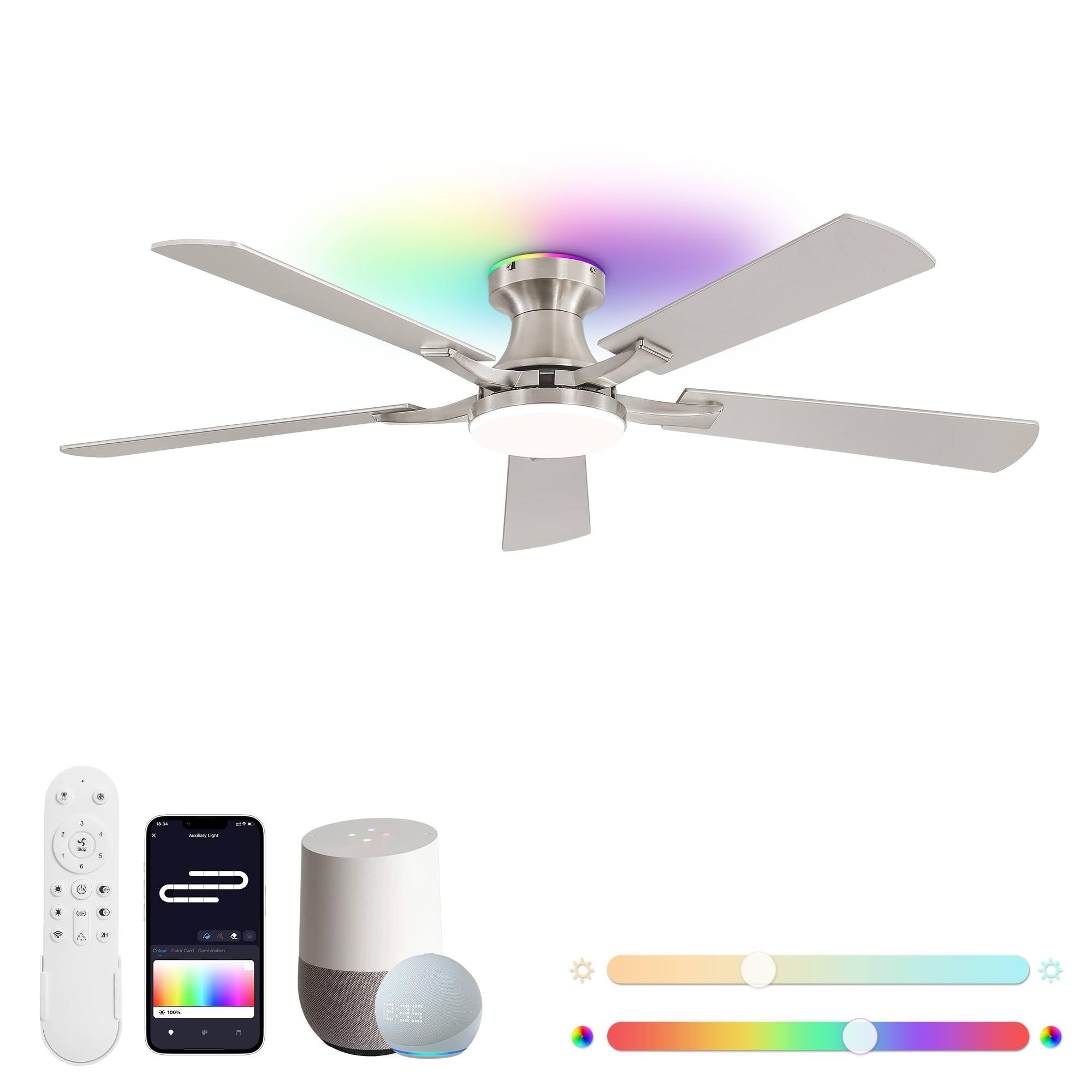 Photo 1 of ZMISHIBO 52 Inch Ceiling Fan with RGB Lights, Low Profile Flush Mount with Alexa/App/Remote, Dimmable 20W LED Light, Nickel Modern for Living Room, Bedroom, Game Room