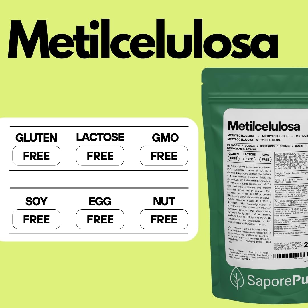 SaporePuro Metilcelulosa en Polvo 250 g – Espesante Natural Sin Gluten para Uso Alimentario, Cosmético e Industrial