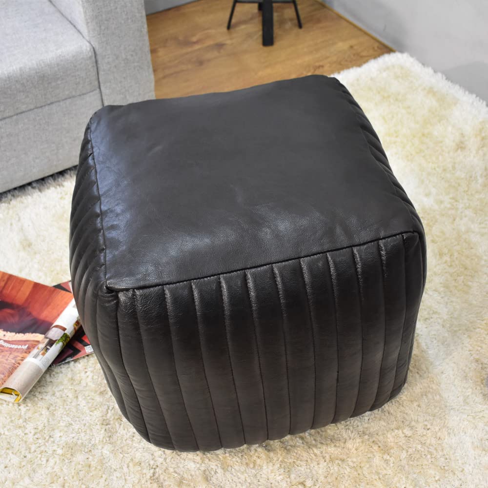 BBHHOMES Handmade Eco-Friendly Solid Leather Pouf Black Color Square 18