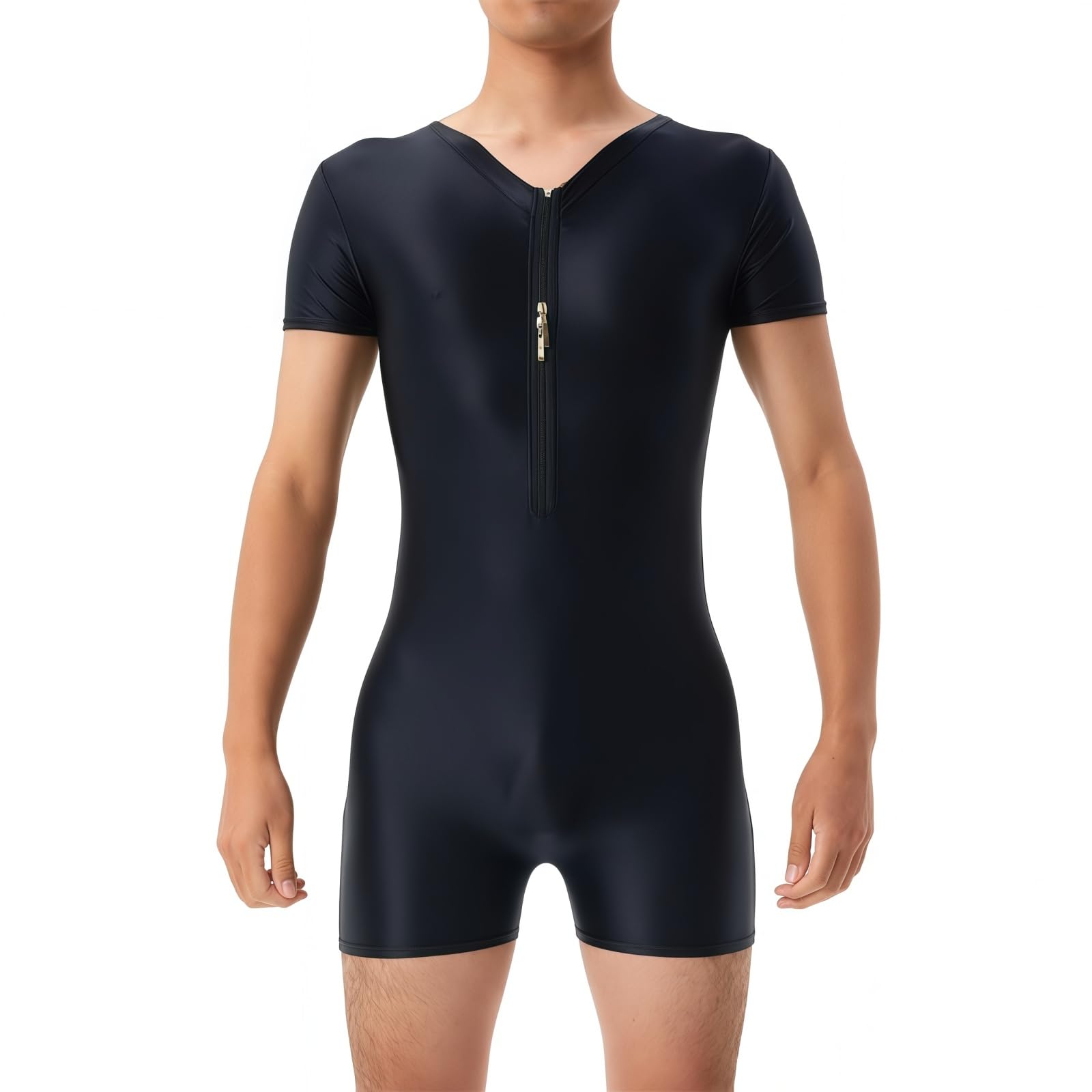 Men's Oil Shiny Bodysuit, Short Sleeve Zip Front Wrestling Singlets, High Elastic One Piece Seamless Workout Leotard, Solid Tight Fit Unitard Casual Playsuits for Loungewear Festival Rave Nightwear