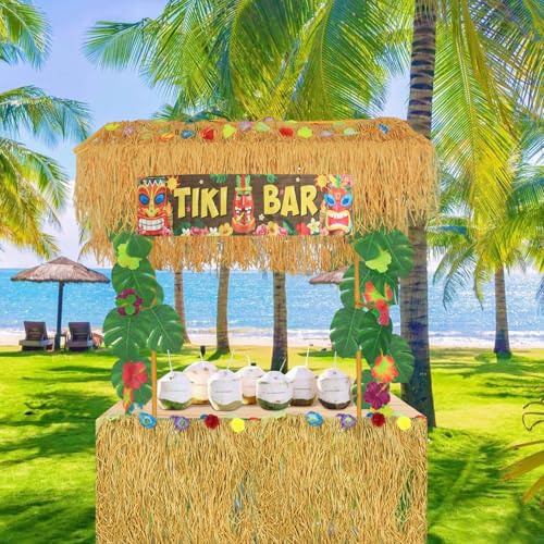 49 Pcs Tiki Bar Hut Kit, Tiki Bar Decorations, Hawaiian luau Party Decor withTiki Hut, Banner, Roof, Palm Leaves, Flower Garland & Table Skirt for Summer Hawaiian Pool Beach Luau Party Decor Supplies — view 6