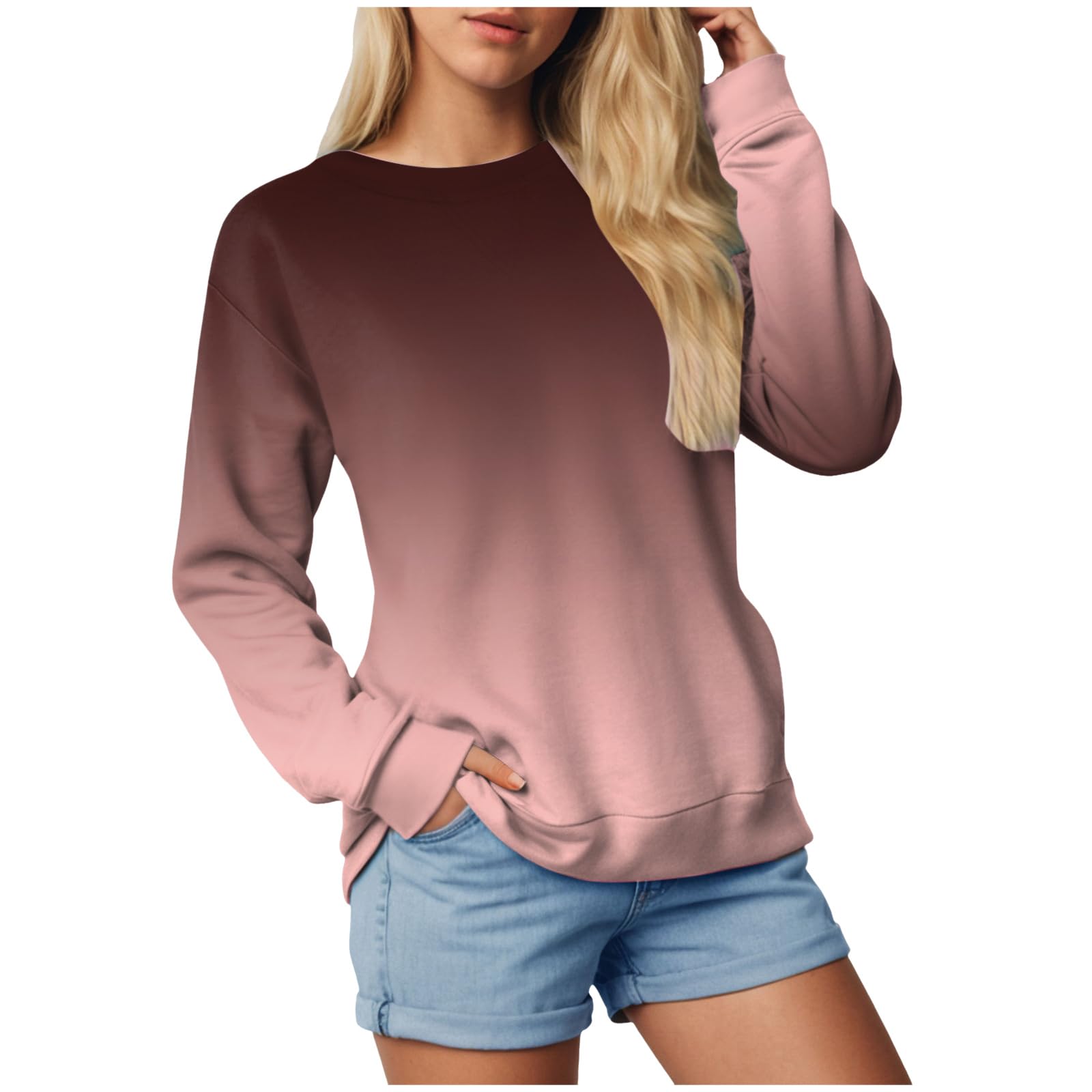 Damen Oversize Pullover Gradient Printed Round Neck Hoodless Long Sleeve Sweater Pullover (Deutsche Ausgabe)