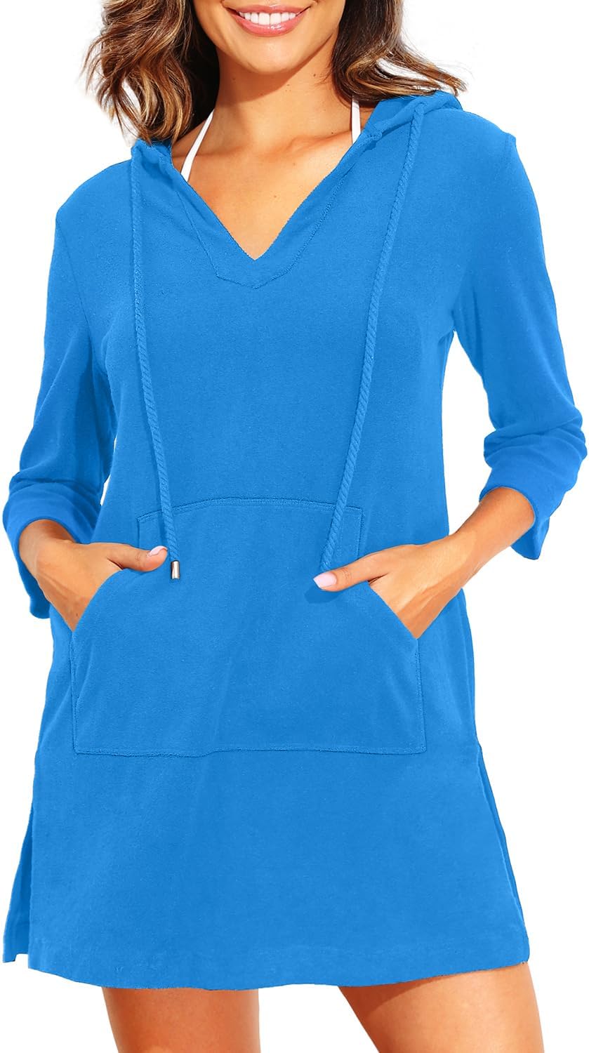 Pinup Fashion Terry Cloth Swim Cover Up - Hooded Beach Women Cover-Up Long Sleeve Coverup with Pocket