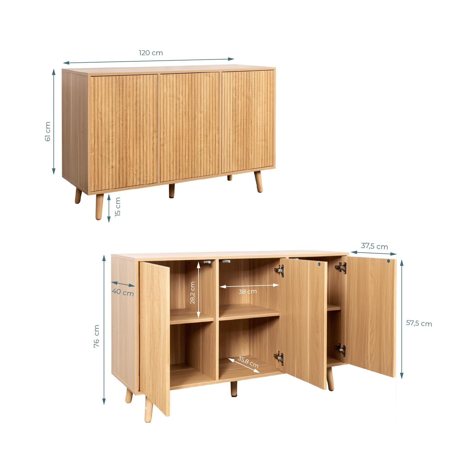 MB Muebles Bonitos, Credenza con ante scanalate Renzo per Soggiorno Sala da pranzo moderno, Design Ondulato, Gambe in Legno, Melamina e PVC, Colore Rovere Alba, 120x76x40 cm